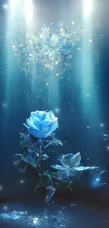 Enchanted blue rose with glowing light.