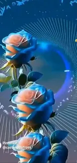 Enchanted blue roses in a cosmic design wallpaper.