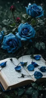 Enchanting blue roses with open book in nature.