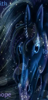 Enchanted blue unicorn with glowing mane and inspirational words.