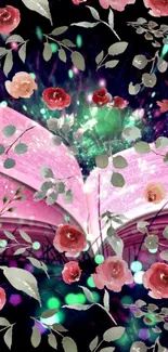 Open book with glowing flowers and mystical background.