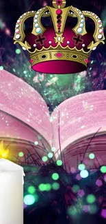 Fantasy wallpaper with book, crown, and candle glow.