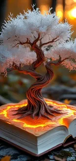 Magical tree growing from a glowing book in a sunset forest.