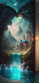 Fantasy book opens to reveal magical landscape with a waterfall and castle.