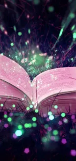 Enchanted open book glowing in a magical nature setting with purple hues.