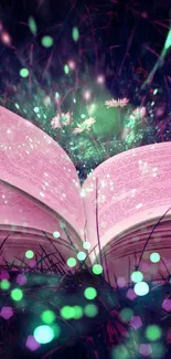 Magical glowing book in enchanted field wallpaper.