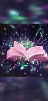 Enchanted open book glowing with magical lights on a dark mystical background.