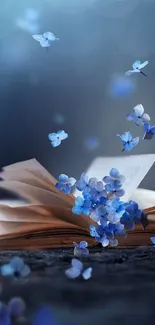 Open book with floating blue petals.