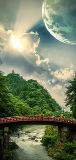 Scenic bridge with moonlit sky and lush surroundings.