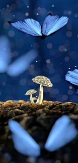 Enchanted forest with butterflies and glowing mushrooms wallpaper.