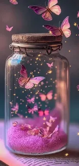 Magical butterflies glowing in a jar, surrounded by enchanting sparkles.