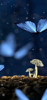 Mystical wallpaper with blue butterflies and glowing mushrooms.