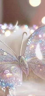 Glittering butterfly on a dreamy, pastel background with sparkles.