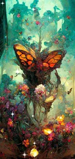 Enchanted artwork with butterflies and vibrant colors displaying nature's beauty.