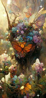 Enchanting wallpaper with butterflies and flowers in fantasy art style.