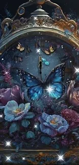 Magical butterfly on a floral ornate clock with fantasy elements in dark blue tones.