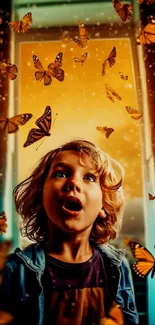 Amazed child surrounded by butterflies with orange glow.