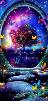 Enchanted scene with butterflies and a mystical tree under a starry sky.