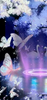 Magical butterflies and swans in a purple dreamscape.