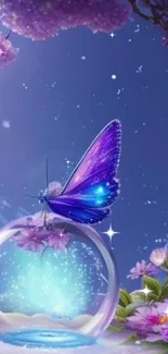 Vibrant butterfly on glowing sphere with lavender flowers in dreamscape.