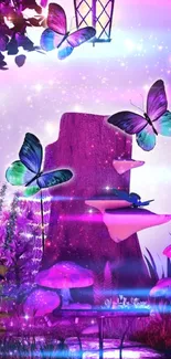 Enchanting purple forest with butterflies and glowing mushrooms wallpaper.