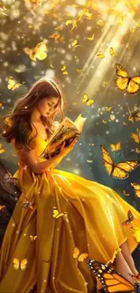 Girl in yellow dress reading with butterflies around.