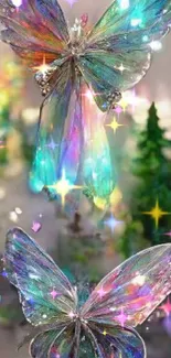 Iridescent butterflies glimmer in a mystical forest setting.