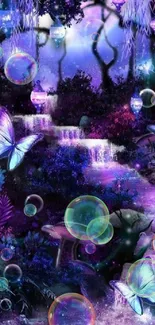 Fantasy forest wallpaper with butterflies and waterfalls in a magical setting.