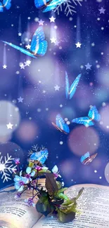 Enchanting wallpaper with blue butterflies and snowflakes over an open book.