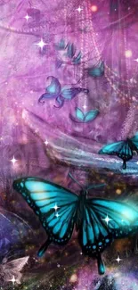 Enchanting wallpaper with blue butterflies on a mystical purple background.