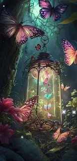 Butterflies flutter around a glowing lantern in an enchanted forest scene.