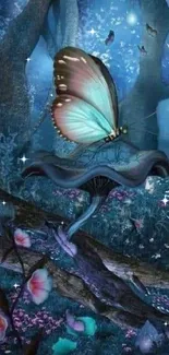 Butterfly resting on mushroom in mystical forest scene.