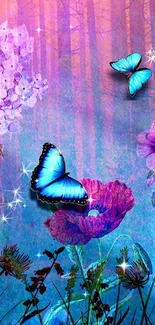 Enchanting butterfly and flower mobile wallpaper with a mystical forest background.