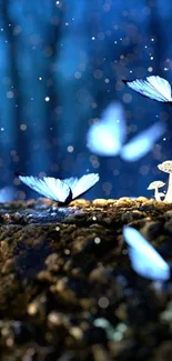 Enchanted forest with blue butterflies and mushrooms on a night sky background.