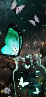 Magical butterfly galaxy with glowing teal lights.