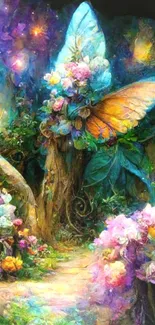 Magical butterfly in a vibrant, enchanted garden of colorful flowers.