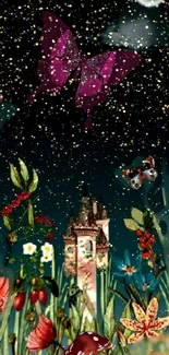 Magical garden with butterflies under a starry sky, perfect for mobile wallpaper.