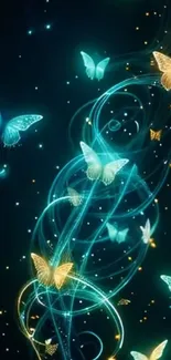 Glowing butterflies with swirling lights on a mystical background.