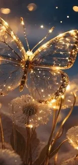 Enchanted butterfly with glowing lights on dandelions at dusk.