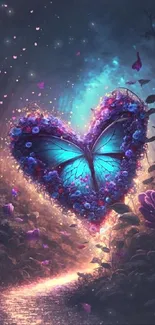 Heart-shaped butterfly in enchanted forest wallpaper.