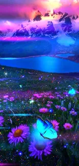 Vibrant blue butterflies over a purple, mountainous landscape.