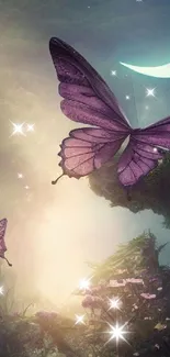 Enchanted forest with purple butterflies and crescent moon.