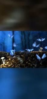 Mystical night with glowing butterflies and mushrooms in a dark forest setting.