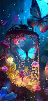 Magical night scene with glowing flowers and vibrant butterflies.