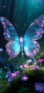 Ethereal butterfly with vibrant wings in a magical forest setting.