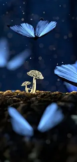 Magical blue butterflies over glowing fungi in a dark mystical forest.