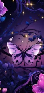 Enchanting purple butterfly in a starry night with flowers.