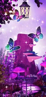 Purple forest with butterflies and lantern scene.