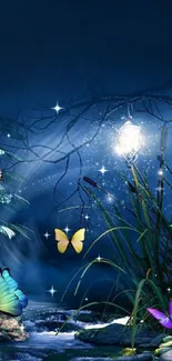 A mystical night scene with butterflies and shimmering lights.