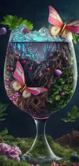 Enchanted glass with butterflies and forest elements.